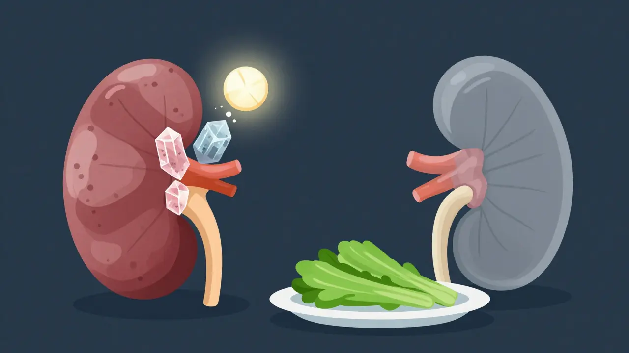 Zdravá a poškozená ledvina vedle sebe, vitamín C přeměněný na šťavelovou kyselinu.