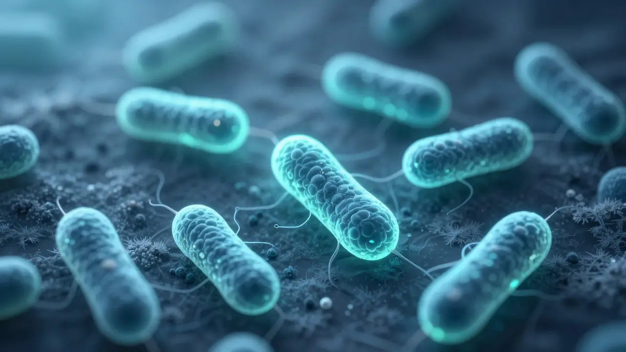 Abstraktní zobrazení živých bakterií ve chladničce pro uchování efektivity.