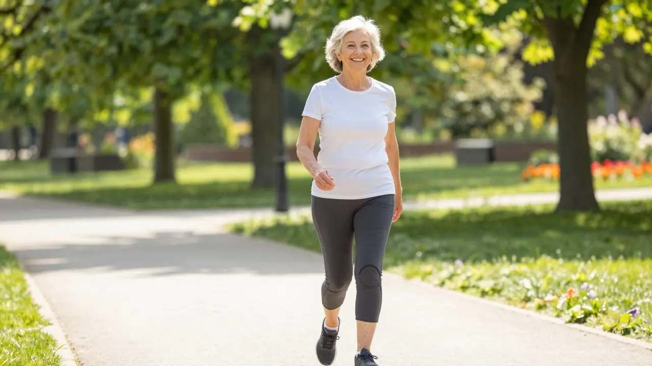 Aktivní senior chodící v parku, symbol mobility a zdraví.