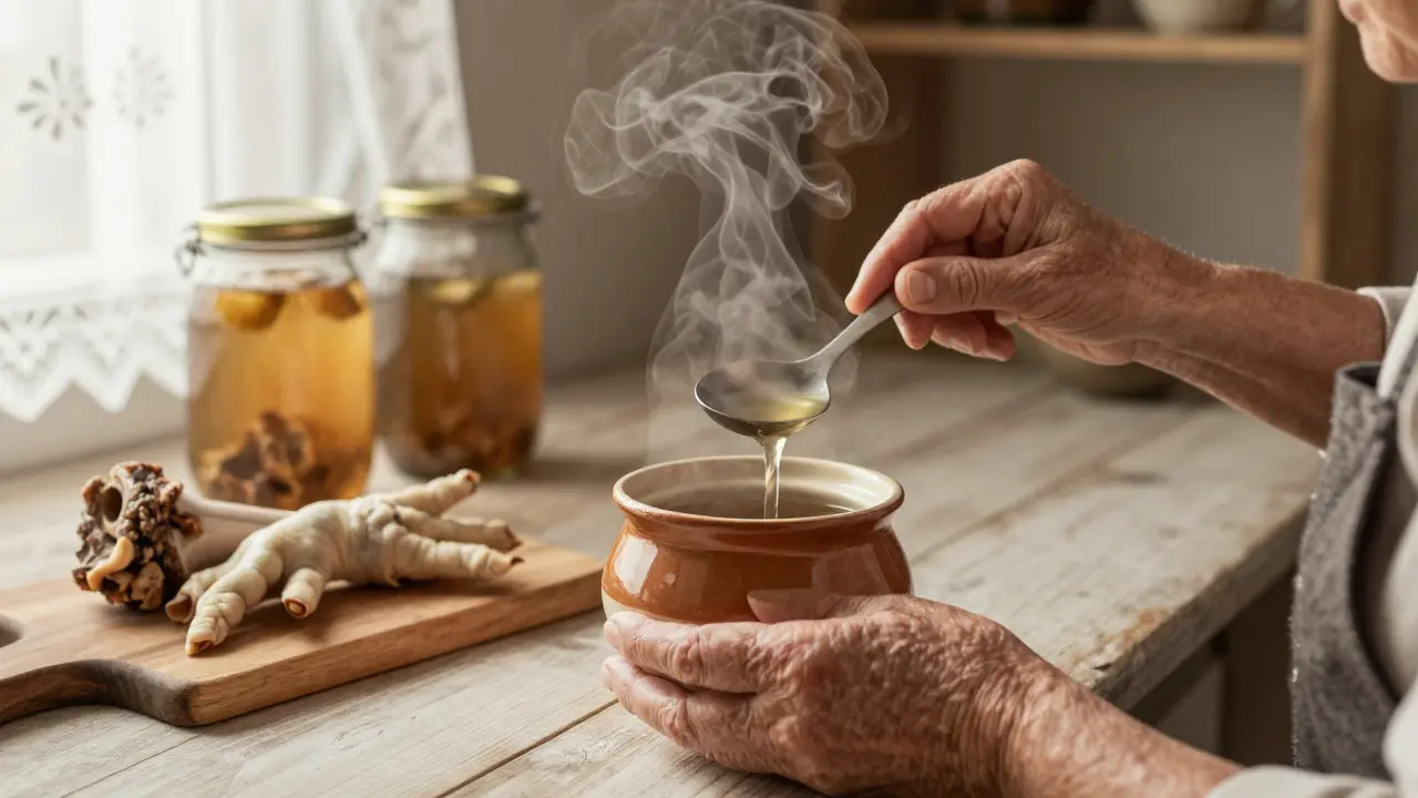 Babička nalévá domácí vývar do šálku, vedle ní jsou vidět kosti a kůže z masa.