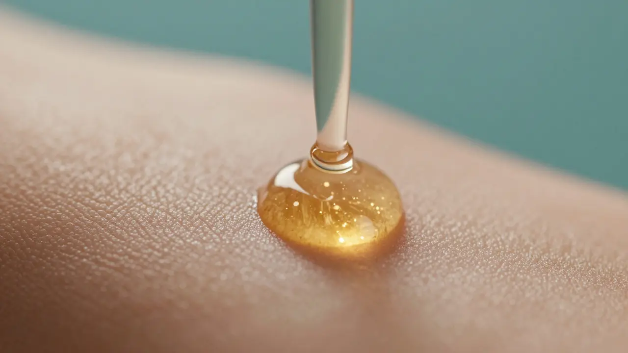 Detail kapky séra na pokožce, zobrazení hydratace a péče.