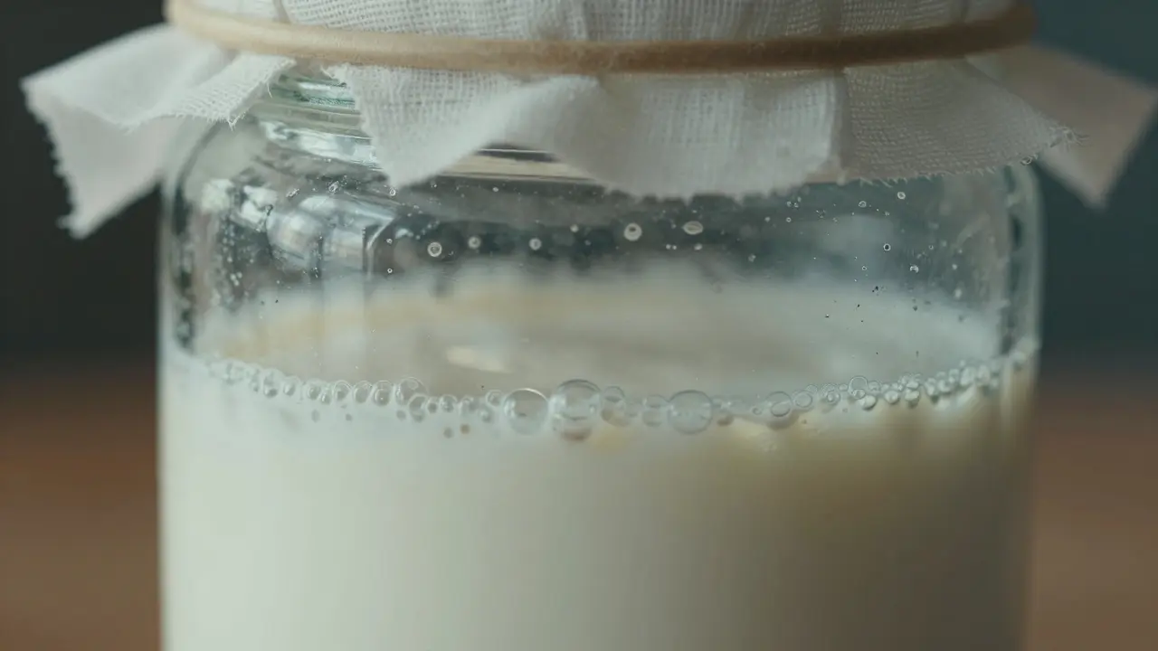 Detailní záběr sklenice s kvařícím kefírem a bublinkami pod gázou.