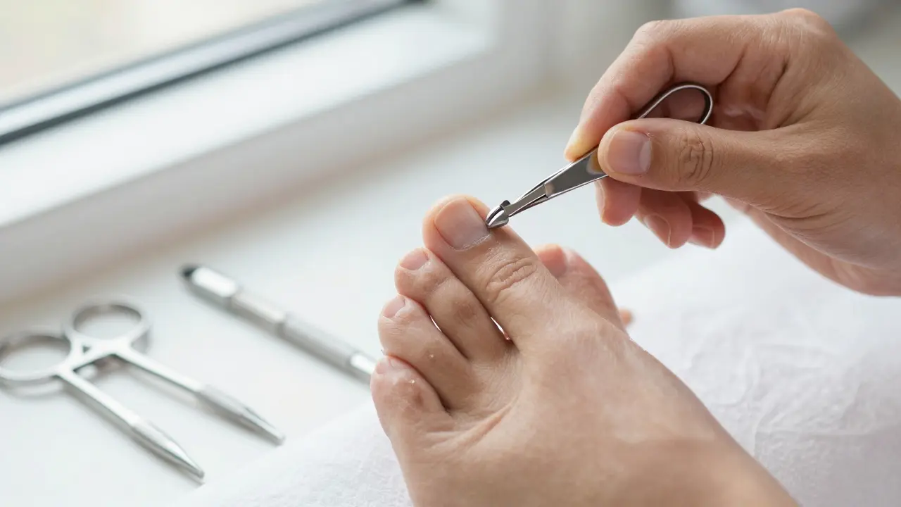 Estetikyně pečlivě upravuje nehty a kůži kolem nehtového lůžka profesionálními nástroji.
