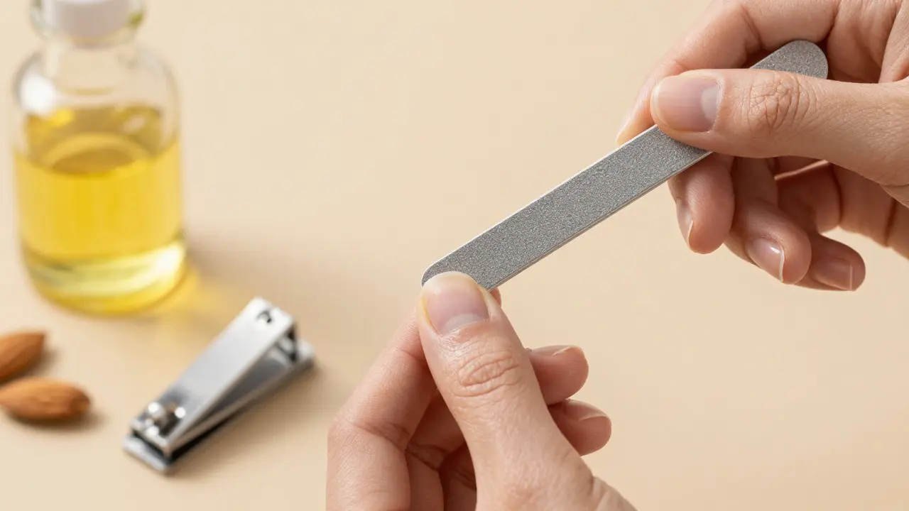 Jemné pilování nehtů na nohou jemnou pilkou, viditelné zjemnění hran.