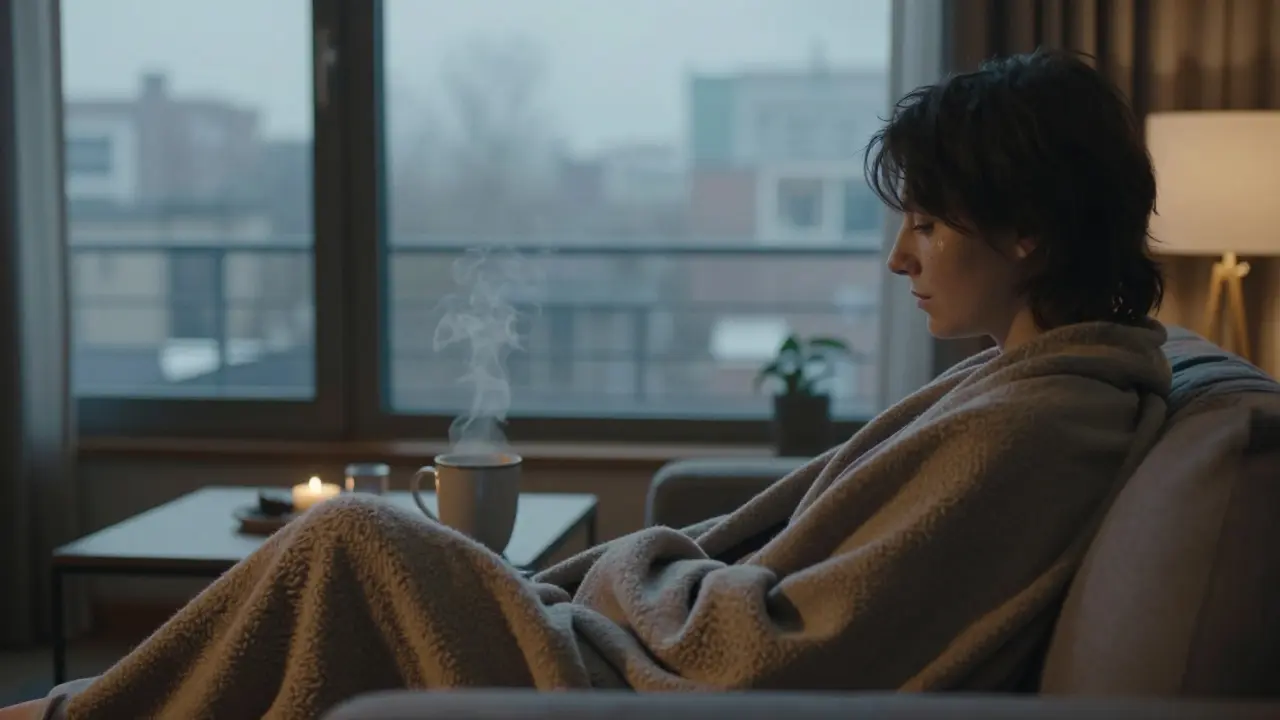 Klidná osoba u okna s výhledem na město, kontrast interiéru.