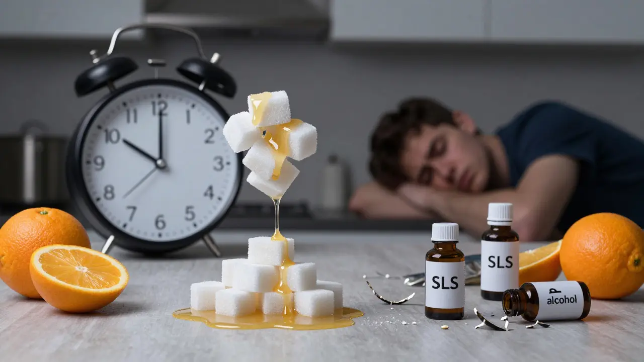 Konceptuální kuchyně, kde cukr ničí kolagen, stres a nedostatek spánku škodí pokožce, zatímco vitamín C a bílkoviny nabízejí ochranu.