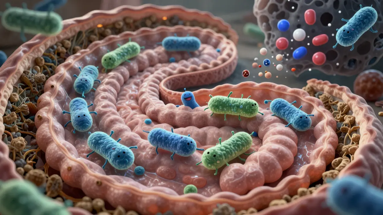 Konceptuální obrázek střev s přátelskými bakteriemi a rozpadajícími se antibiotiky.