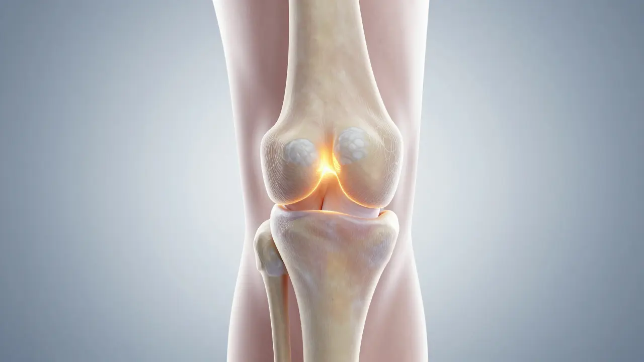 Konceptuální záběr zdravého kloubu s světlem regenerace.