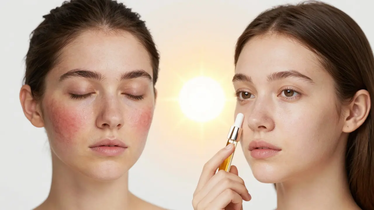 Kontrast mezi podrážděnou pletí a zdravou pletí při správné aplikaci retinolu.