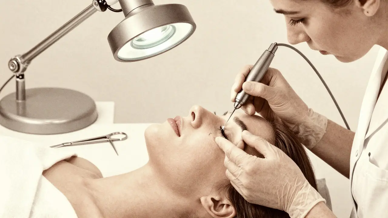 Kosmetička provádí elektrodepilaci na bradě pomocí jemné jehly a elektrického proudu.