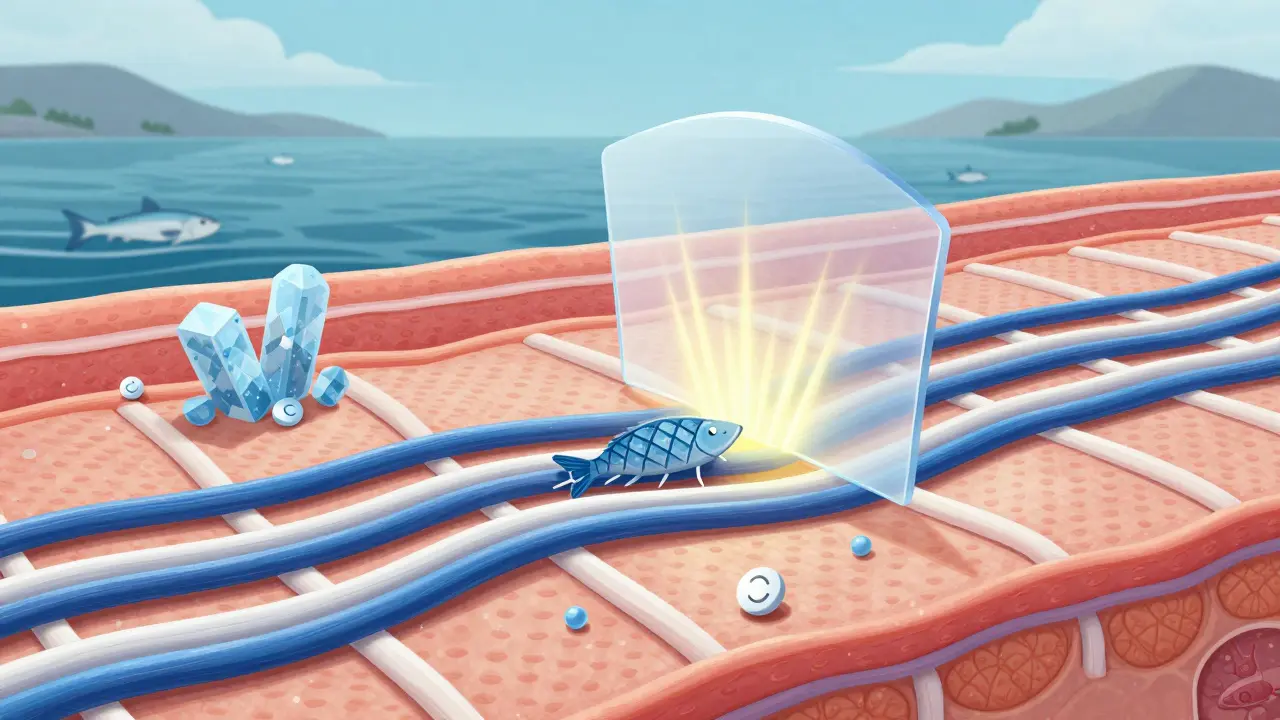 Kůže jako tkanina s kolagenovými vlákny a molekulami rybího kolagenu.