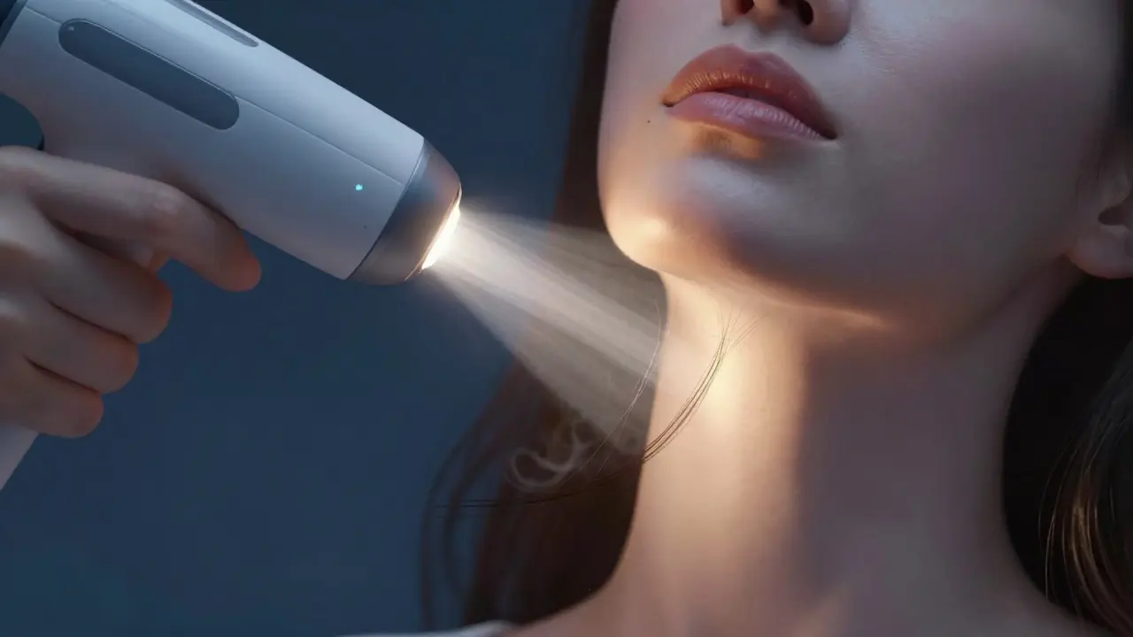 Laserový paprsek odstraňuje vlasový folikul na čelisti s jemným zářivým efektem.