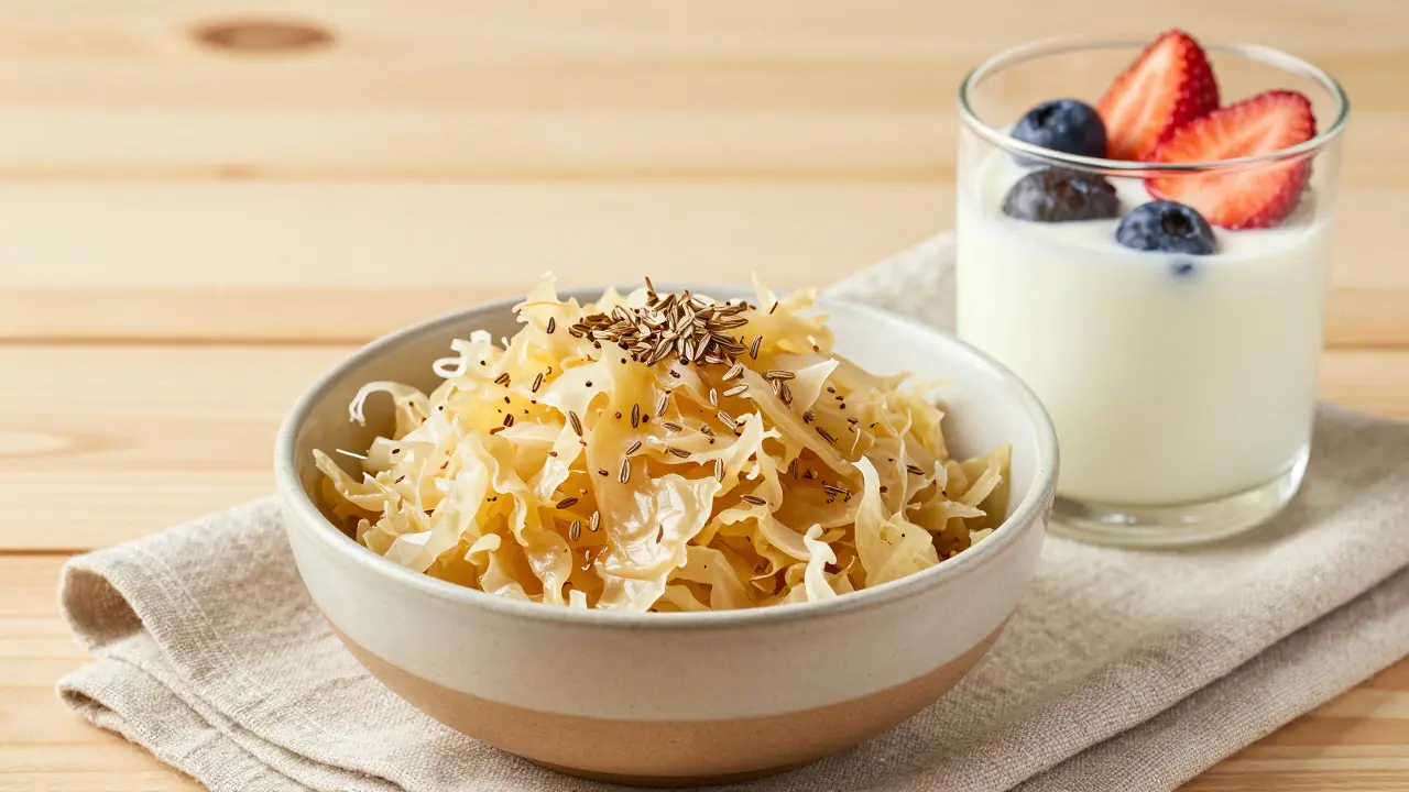 Miska s kvašeným zelím a jogurtem s ovocem na stůle pro zdravou snídani.