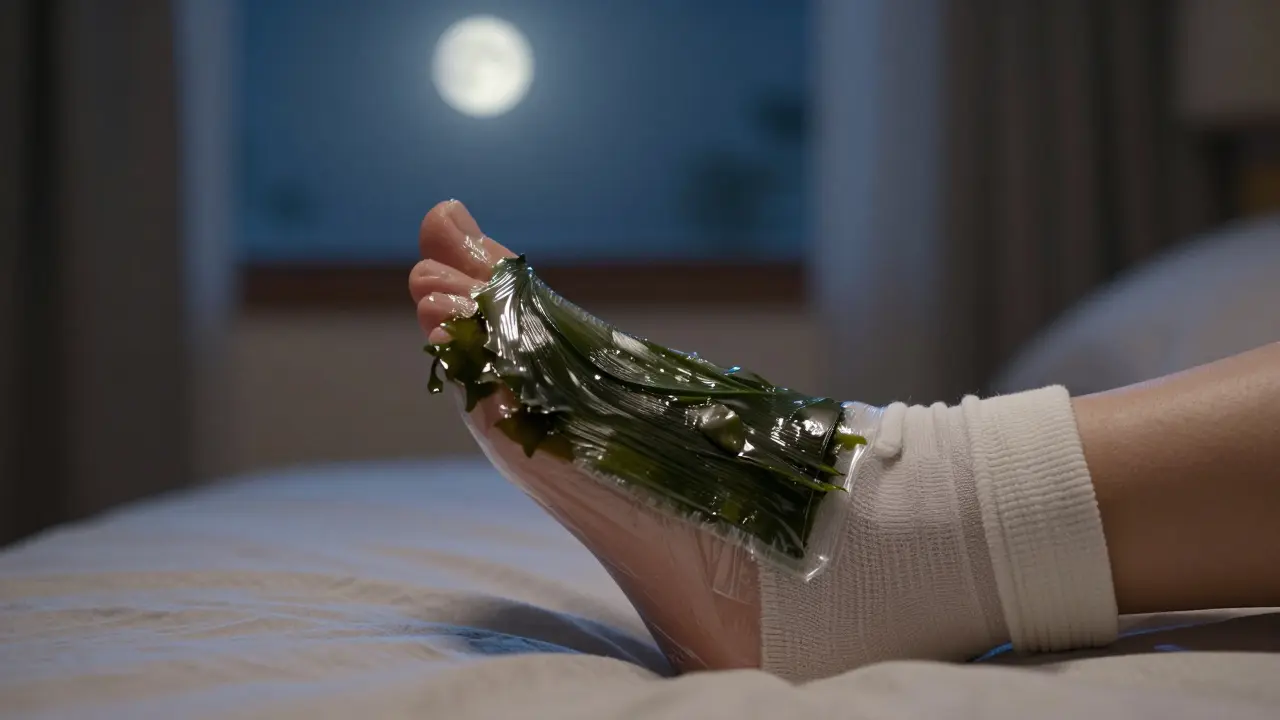 Noha pokrytá hydratační krémem a tenkým plástkem, klidná noční atmosféra.