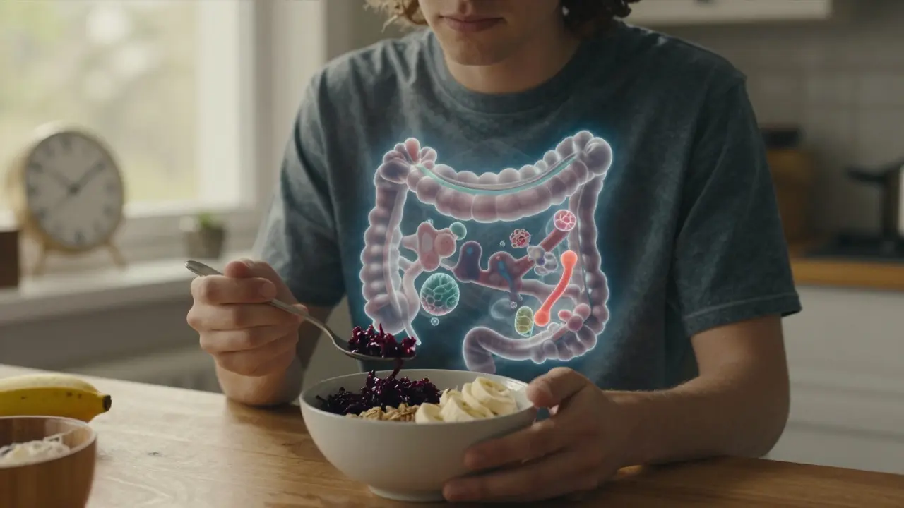 Osoba jídelníkem s fermentovanými potravinami, s průhledným zobrazením obnovující se mikroflóry v břiše.