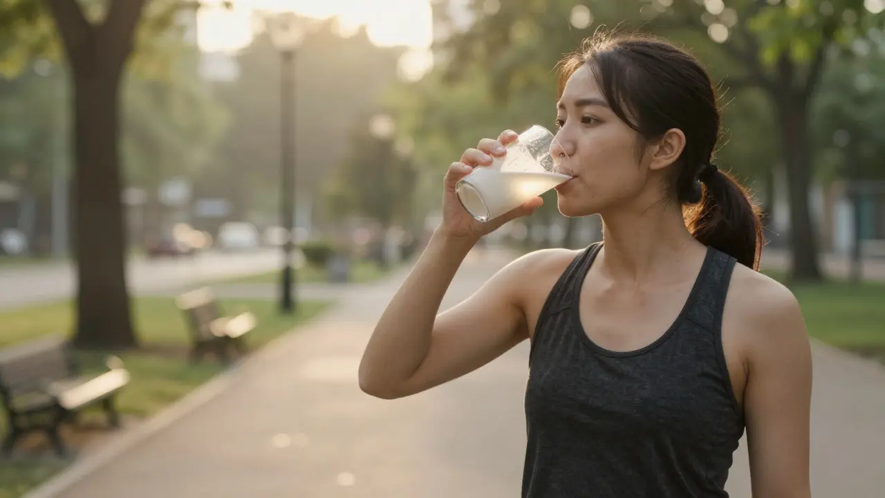Osoba pije kolagen vodu před ráno procházkou v parku.