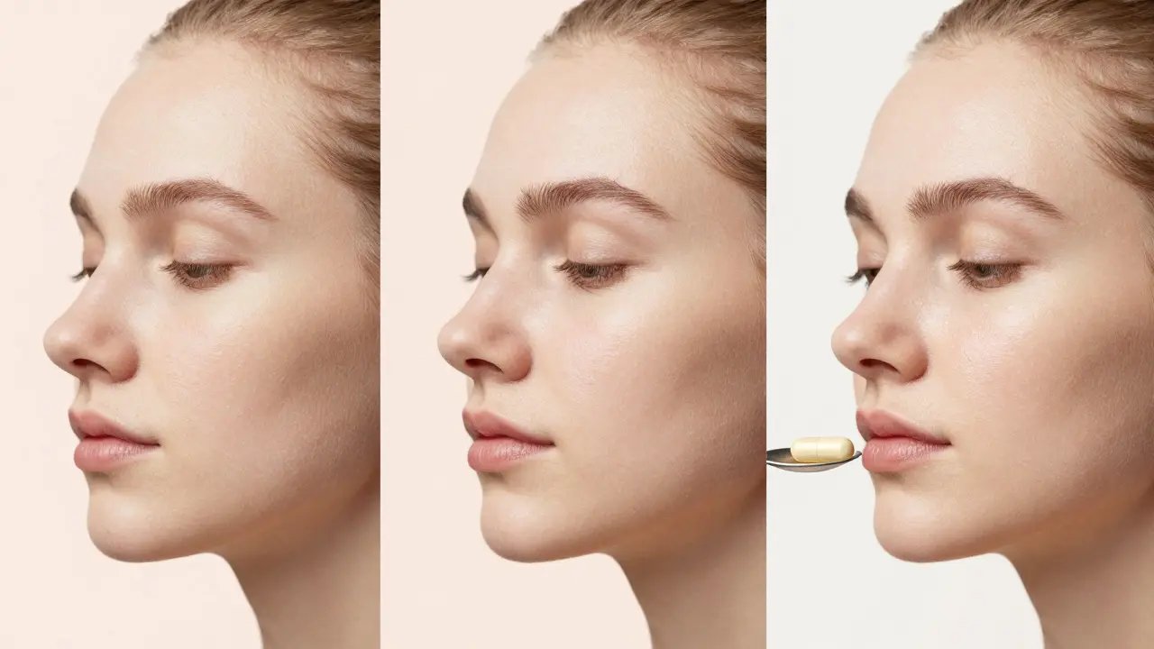 Postupné zlepšení pleti během tří měsíců: tenká, přechodná a zpevněná kůže.