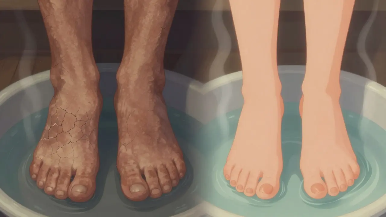 Před a po: hrubé nohy vlevo, hladké a lakované vpravo, oddělené párou teplé vody.