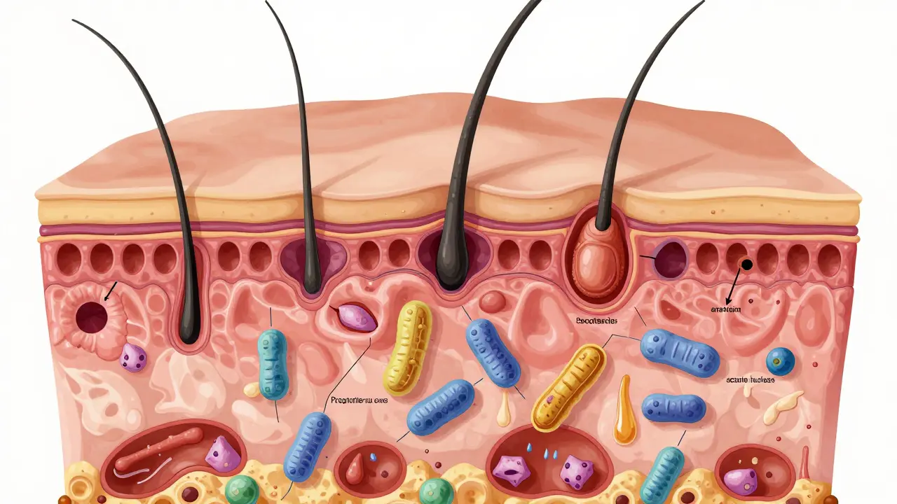 Příčiny záděr: zablokované vlasové folikuly a bakterie pod kůží.