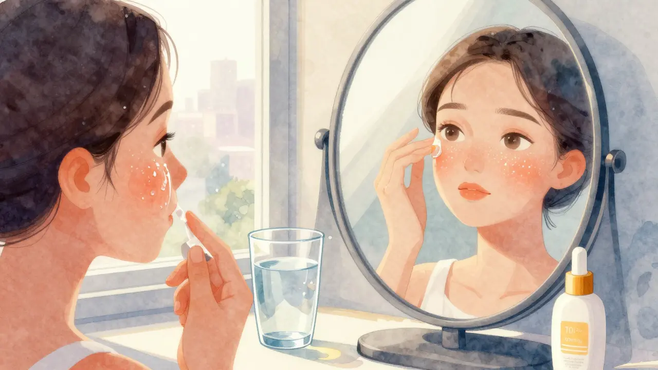 Ráno se aplikuje sérum s vitamínem C na vlhkou pokožku při světle z okna.