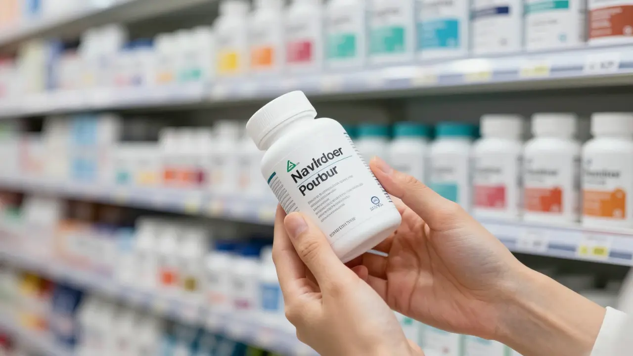 Ruce drží lahev doplňku stravy a kontrolují etiketu v lékárně.