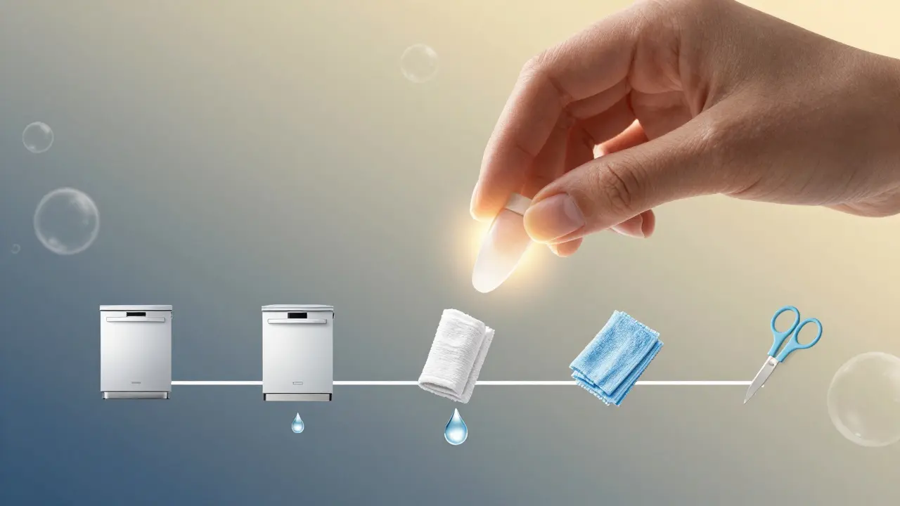 Ruka drží press on nehty nad časovou osou symbolizující vliv vody a péče.