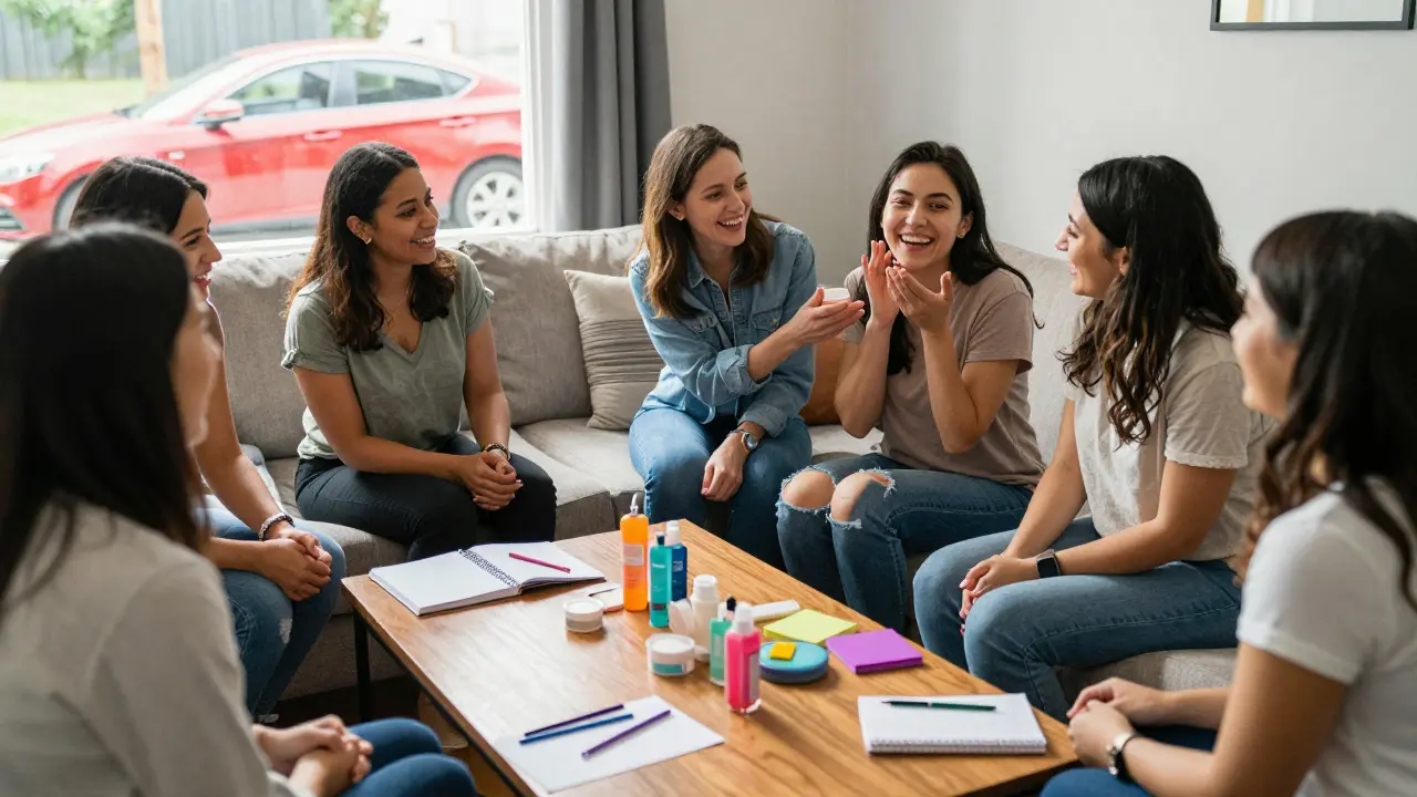 Skupina žen spolu diskutuje o kosmetice Mary Kay v domácím prostředí s červeným autem venku.