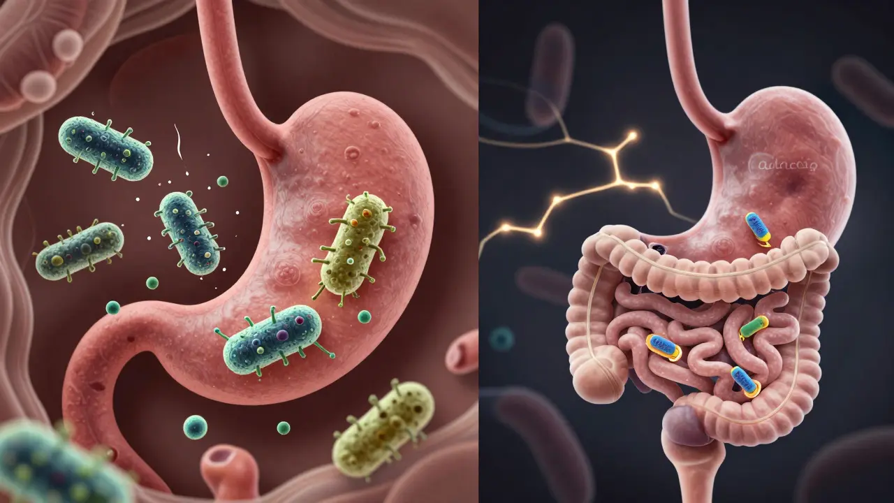 Srovnání žaludku ráno a večer s živými bakteriemi v těle.