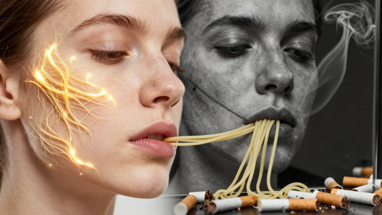 Srovnání zdravé pleti a pleti kuřáka s kouřovými čárami kolem očí a úst, symbolizující škodlivý účinek tabáku.