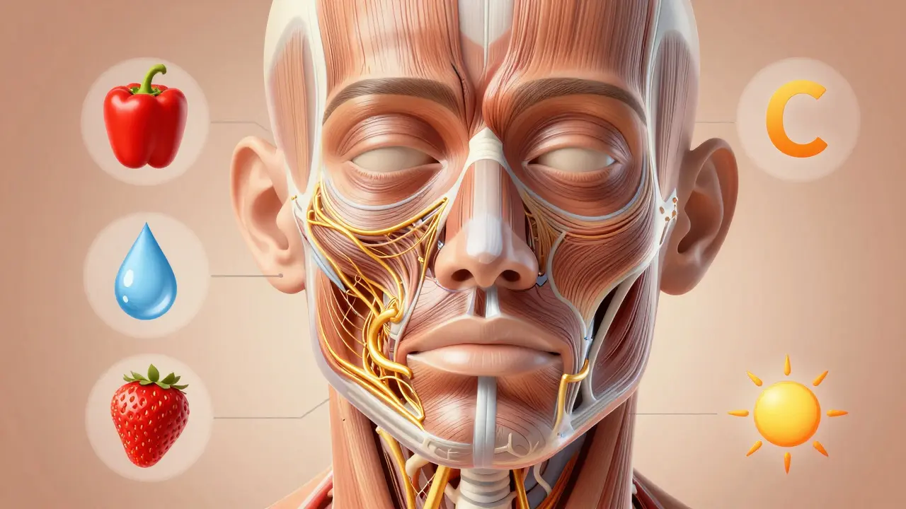 Transparentní výřez obličeje s kolagenem, elastinem a svaly, doplněný potravinami a ochranou před sluncem.