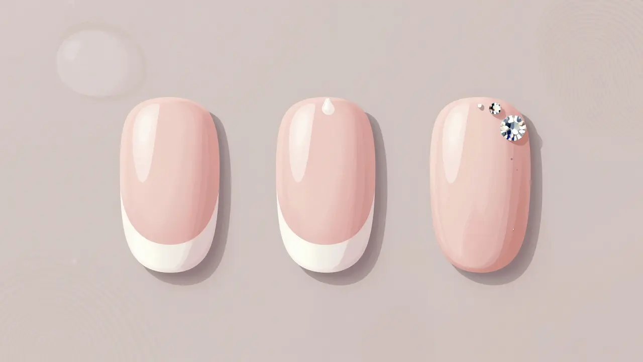 Tři press on nehty v různých stavech: nové, začínající odlepovat a s kameny.