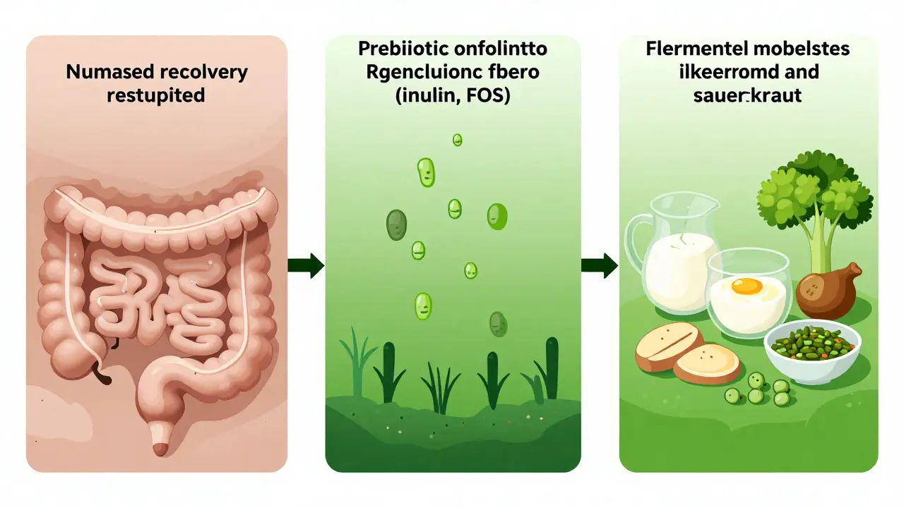 Třístupňový graf znázorňující obnovu střevní mikroflóry po antibiotikách.
