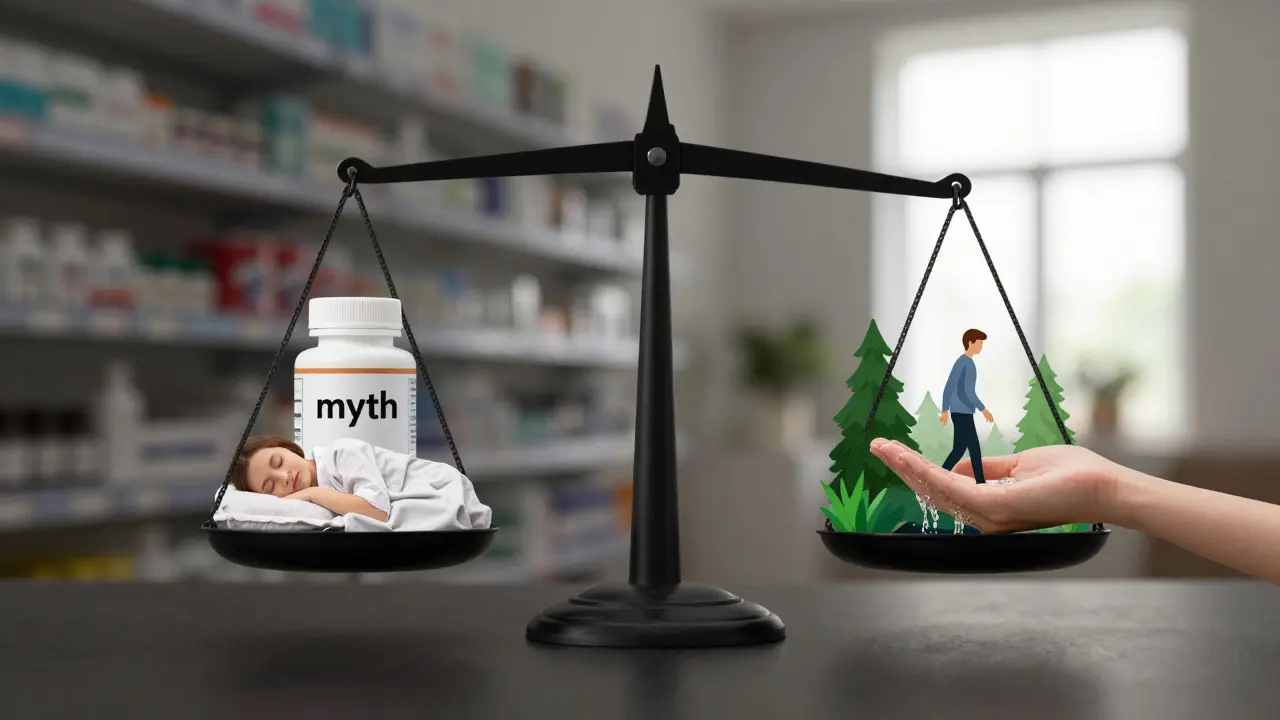 Váha s multivitamínem na jedné straně a spánkem, pohybem a mytím rukou na druhé straně.