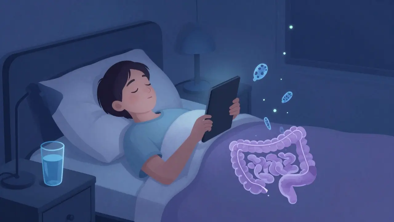 Večerní užívání probiotika v posteli s klidnou atmosférou.