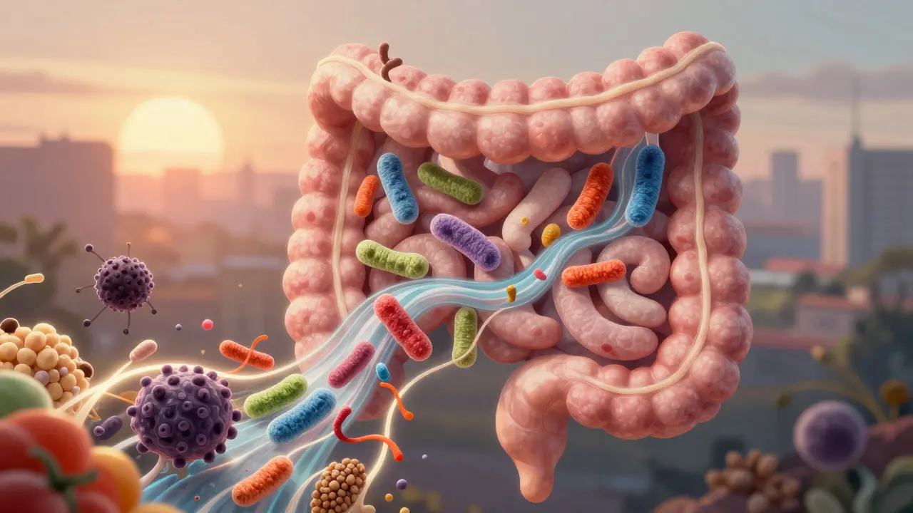 Vizualizace zdravého střevního mikrobiomu s výhodnými bakteriemi a vlákninou zeleniny, které obnovují rovnováhu.