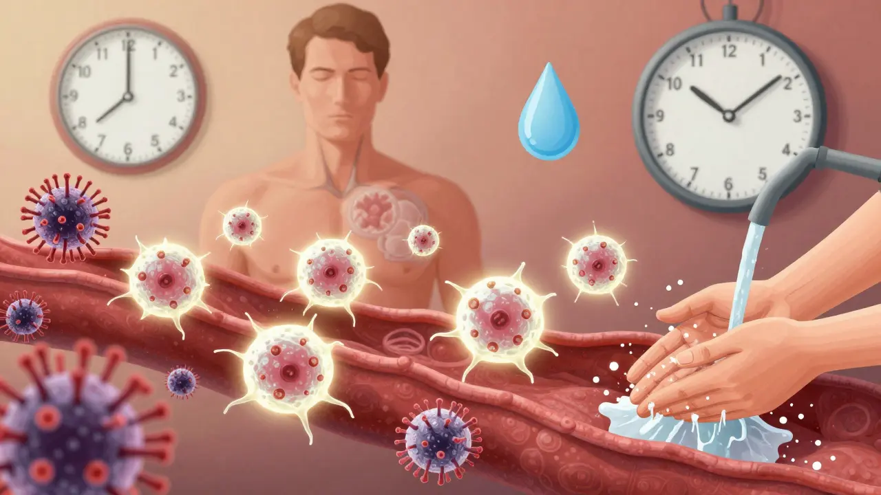 Vnitřní pohled na lidské tělo s bílými krvinkami bojujícími proti virům, symbolizující spánek, hydrataci a hygienu.