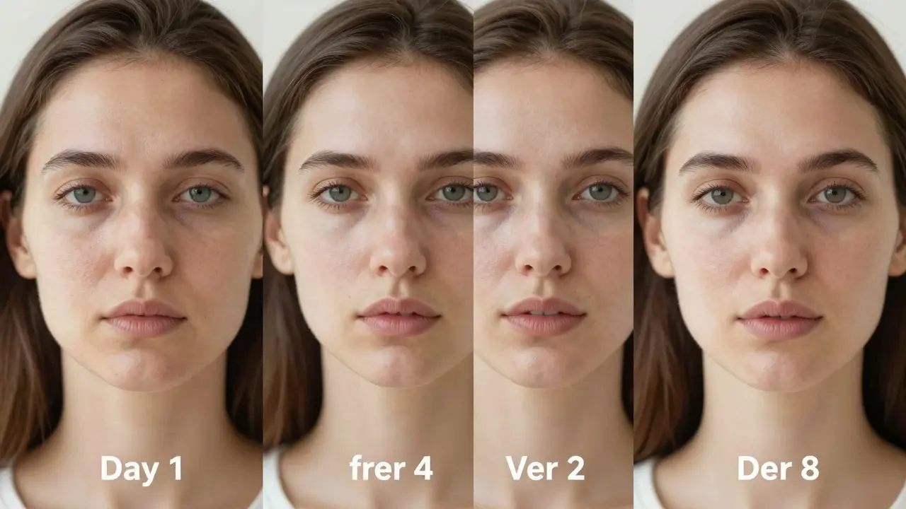 Vývoj obličeje během osmi týdnů: postupné zpevnění a zářivost kůže bez kosmetiky.