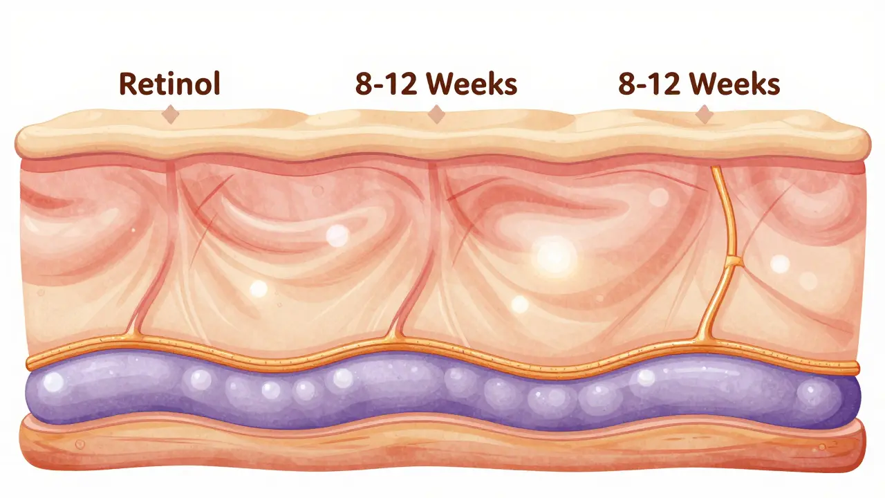 Vývoj pleti během 8-12 týdnů používání retinolu s obnovou kolagenu.