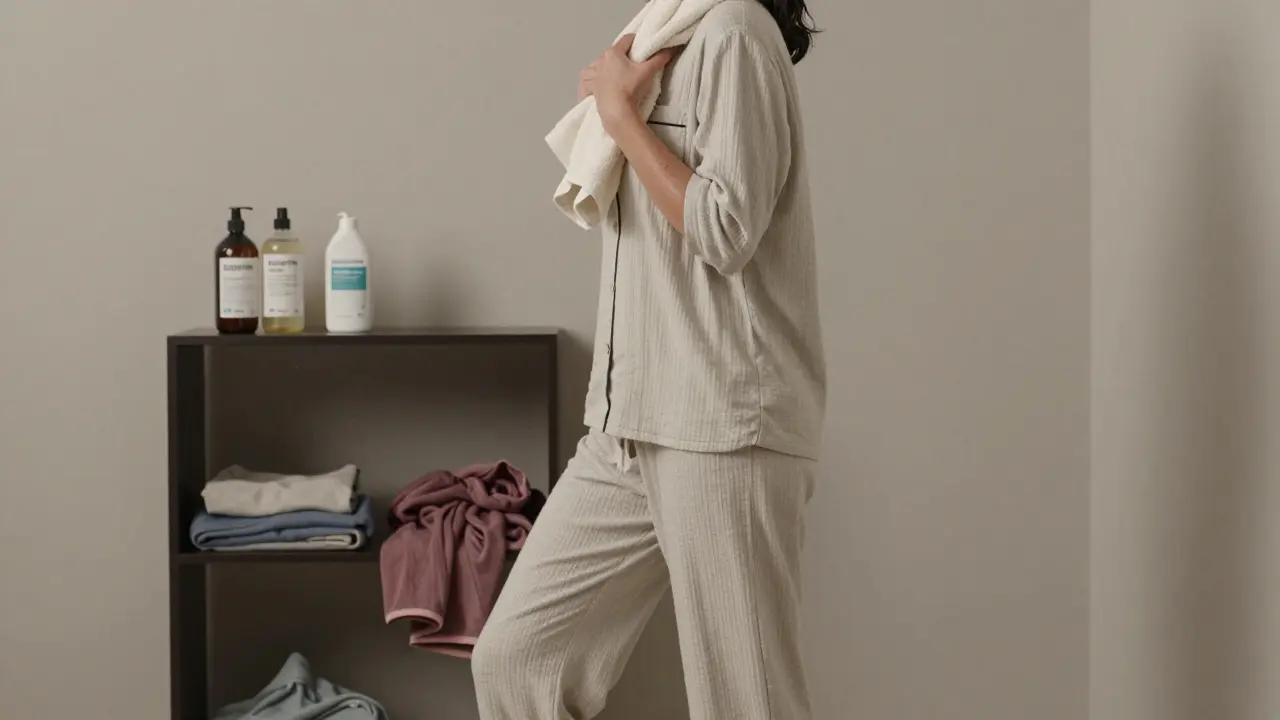 Žena po koupeli s oblečením a produkty, které přispívají k záděrům.