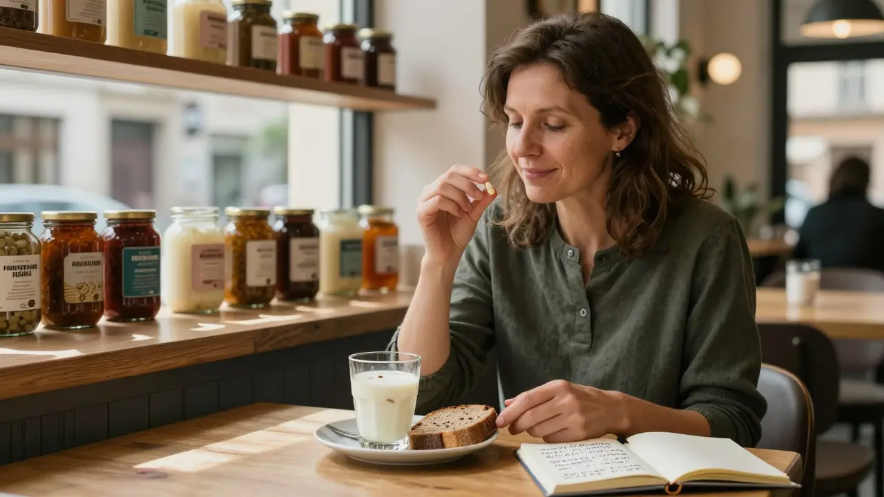 Žena v Brně u kávy s kefírem a kvaseným chlebem, užívající probiotikum.
