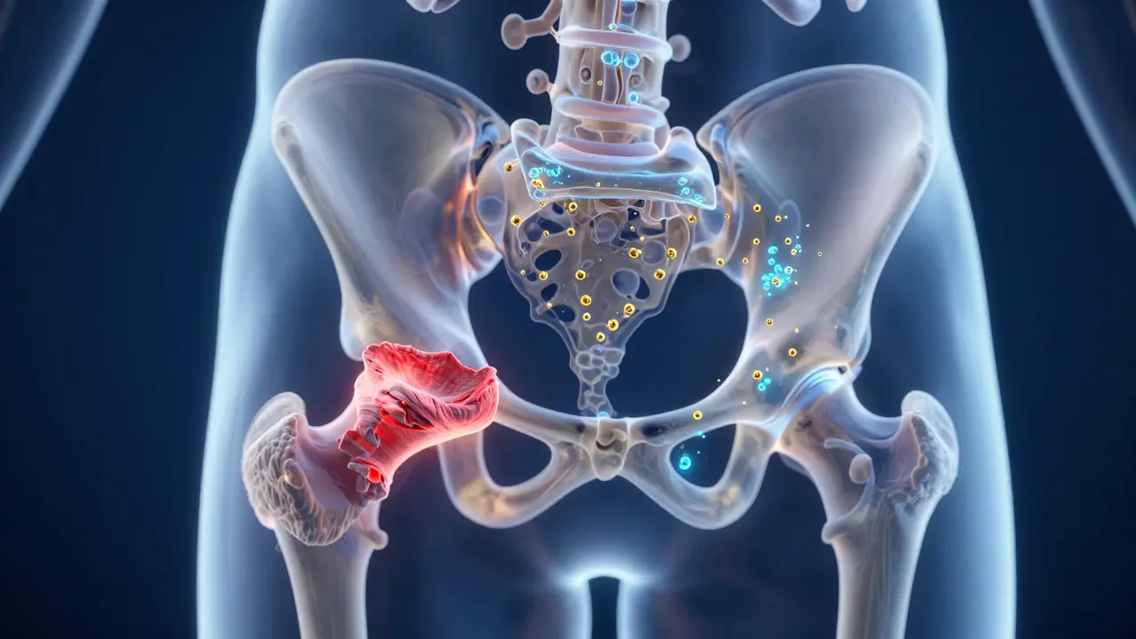 3D ilustrace regenerace kyčelního kloubu pomocí rybího kolagenu.