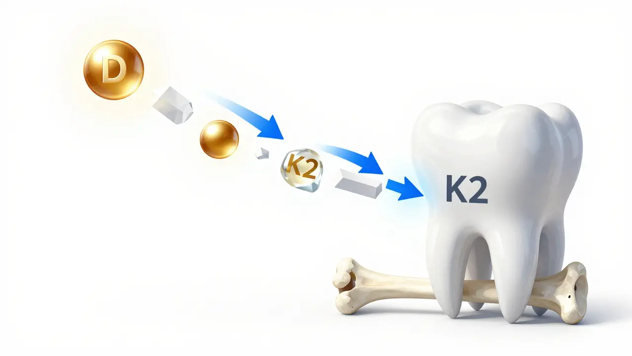 Abstraktní ilustrace působení vitamínů D a K2 při transportu vápníku do kostí a zubů.