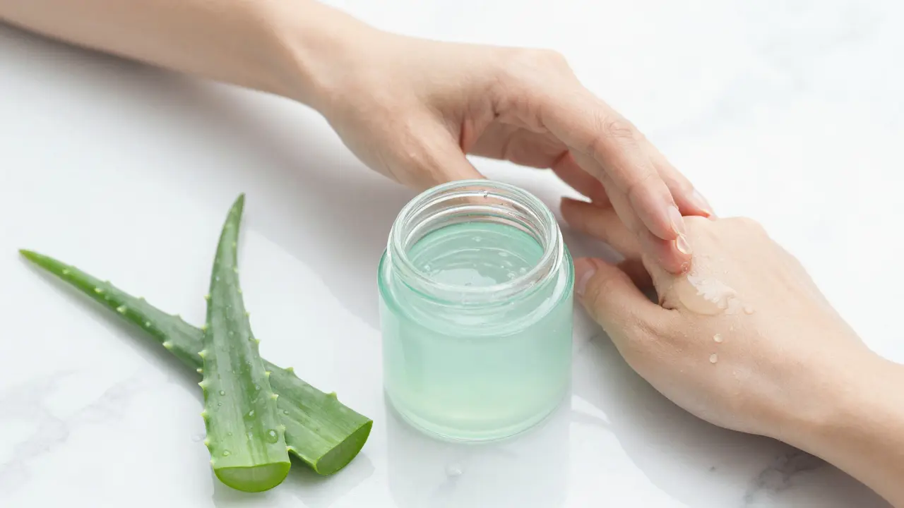 Aplikace zklidňujícího gelu Aloe Vera na hladkou pokožku s listy aloe vera vedle.