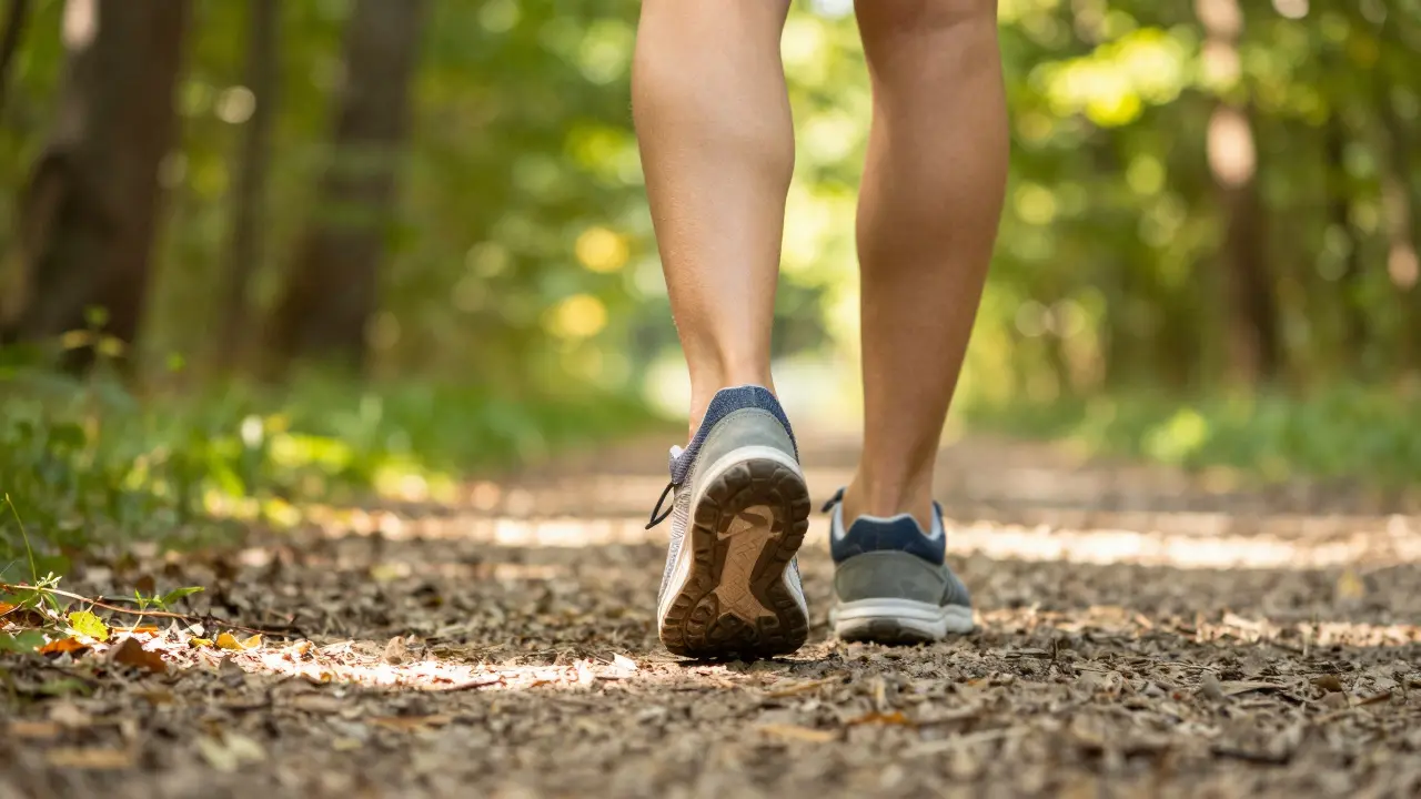 Detail nohou člověka při chůzi v přírodě v lese.