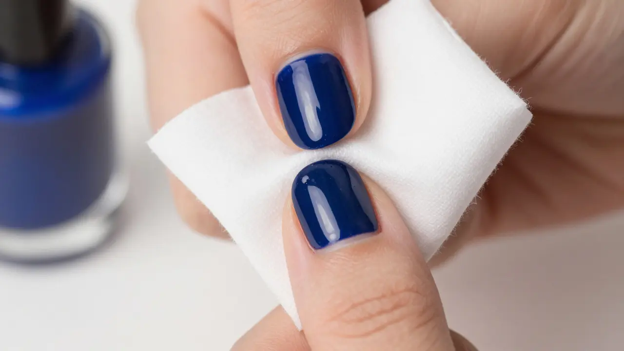 Detail přiloženého vatejku na nehet s tmavě modrým lakem.