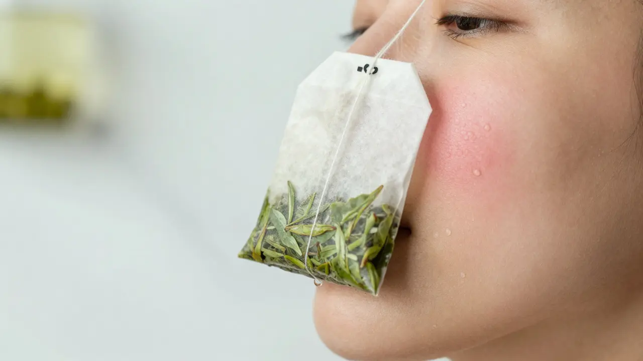 Detail přiložení sáčku zeleného čaje na zarudlou pleť tváře.