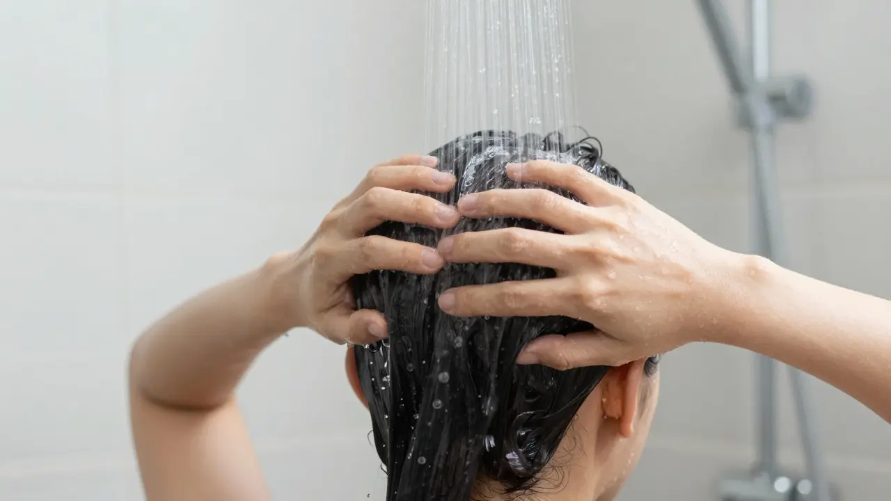 Detail rukou masírujících pokožku hlavy pod proudem čisté vody.