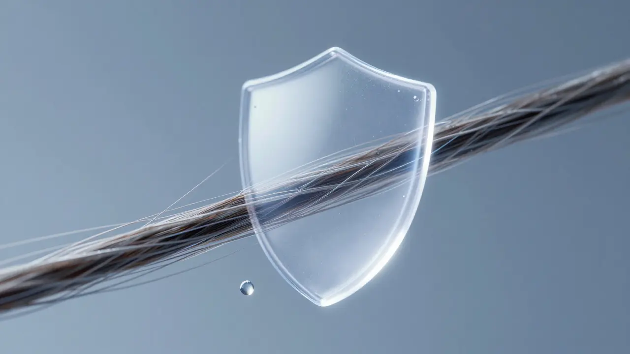 Detail vlasového vlákna s ochranným štítem proti vodním kapkánkám.