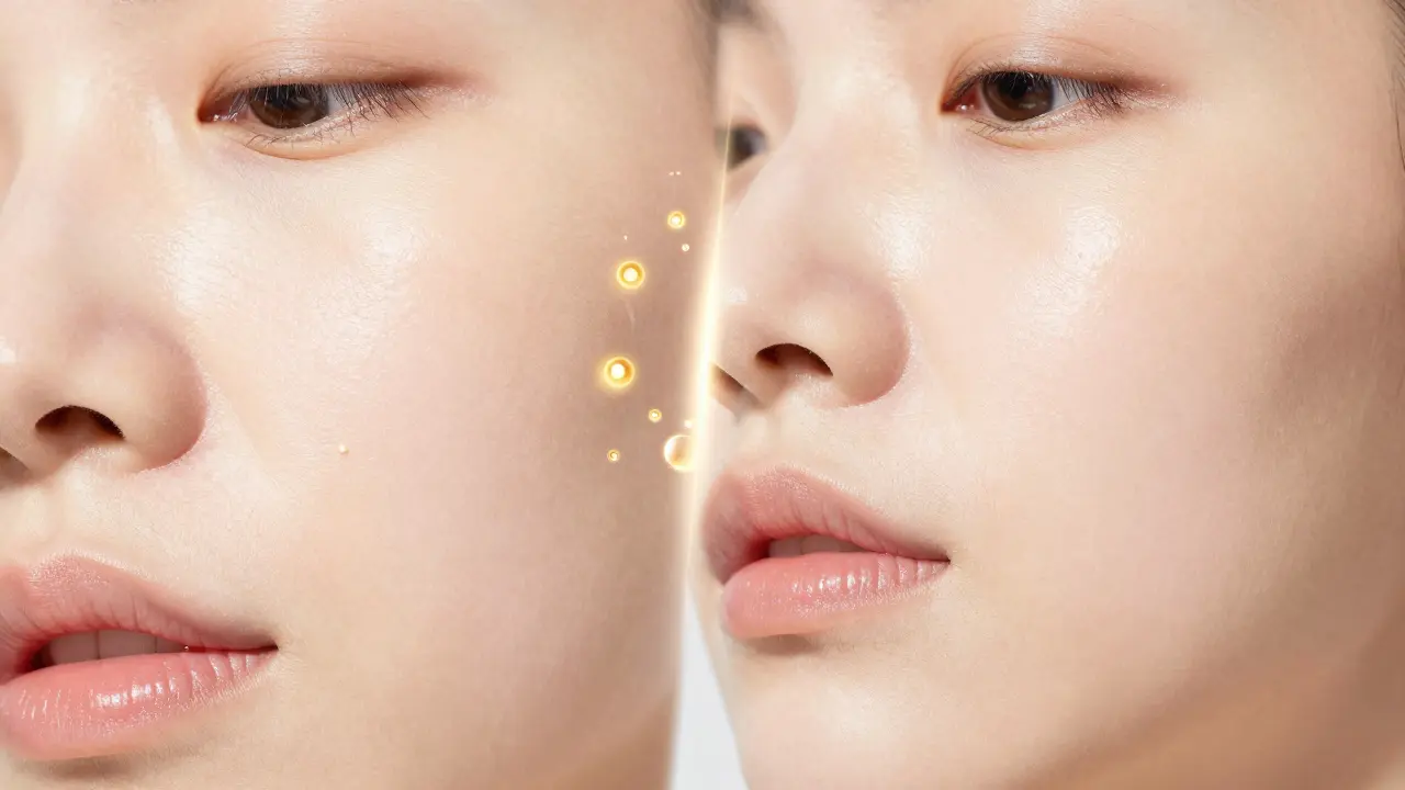 Detailní srovnání textury pleti před a po regeneraci pomocí kolagenu.