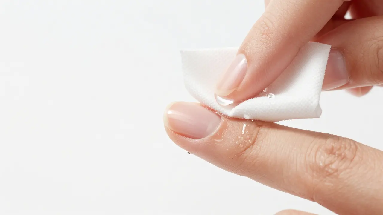 Detailní záběr na odstraňování lepkavé vrstvy z nehtu pomocí bezvláknového tamponu a alkoholu.
